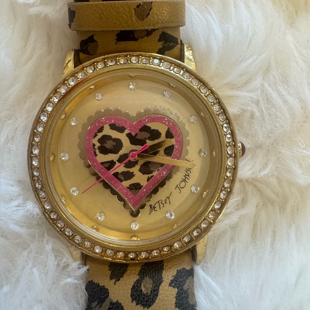 Betsey Johnson Gold Watch with Pink-Outlined Leopard Heart Dial
